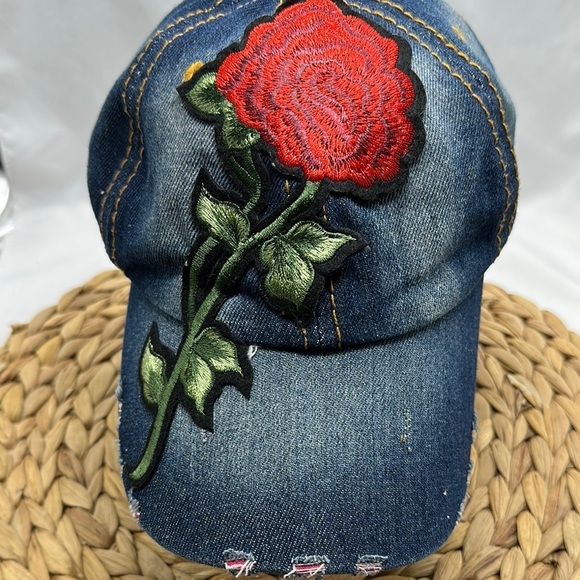 Accessories - Denim Cap with Red Rose Embroidery